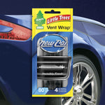 Little Trees Vent Wrap New Car package overlaid on stylized car background with wheel detail