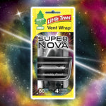 Styled front product image of Little Trees Vent Wrap Super Nova packaging with a galaxy background and highlighted product window.