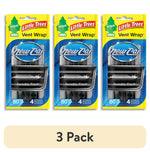 Three Little Trees Vent Wrap New Car scent packages shown side-by-side with yellow header