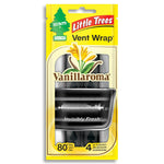 Yellow Little Trees Vent Wrap Vanillaroma retail package showing product window, vanilla flower artwork and black vent wrap visible
