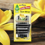 Little Trees Vent Wrap Vanillaroma front package placed over a blurred floral background highlighting vanilla theme