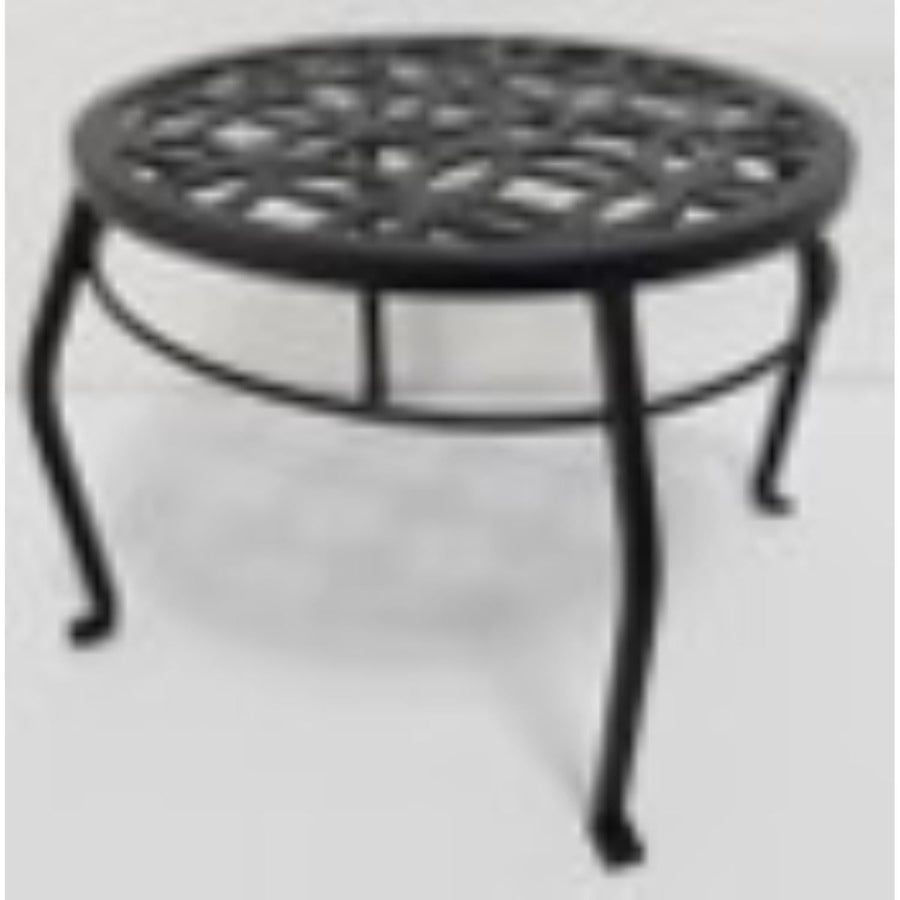 Round black cast-iron plant stand with decorative pierced top and three curved legs