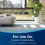 Bright living room scene showing carpet and furniture with a banner reading 'For Use On Carpets & Upholstery' at the bottom