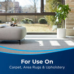 Bright living-room scene showing a carpeted floor and a blue banner reading “For Use On Carpet, Area Rugs & Upholstery.”