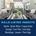 Styled living room and kitchen scene above bold text listing insects killed, promotional lifestyle graphic