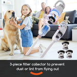 Lifestyle scene with child and family in living room, illustrating stick and handheld vacuum with shown filters and detachable parts.