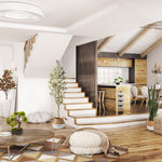 Open modern living room scene featuring woven jute and white cotton baskets used as decorative planters