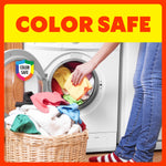 Person loading colorful laundry from a wicker basket into a front-load washer with a color-safe badge and bold header