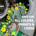 Hand loading green clothing into a washing machine with basket of laundry and Gain floral graphics plus text about safety for colors