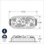 Technical line drawing of loaf pan showing top and side views with dimensions and capacity icons