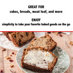 Plate with slices of loaf cake, one spread with butter, below infographic text promoting baked goods for cakes, breads and meat loaf.