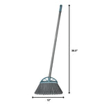 Blue-handled Great Value broom shown with arrows indicating 36.5" height and 12" broom width