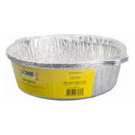 Disposable Lodge aluminum foil pan liner with yellow product label, round shallow shape