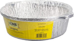 Round Lodge disposable aluminum foil liner with a yellow product label and barcode