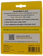 Back of Lodge Rust Eraser blister card with usage instructions, QR code, and product barcode