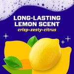 Graphic advertising long-lasting lemon scent with a large lemon illustration and bubbly purple background