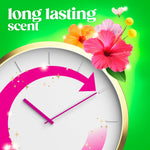 Graphic of a clock with pink arrow and hibiscus flowers on a green background with text about long lasting scent