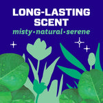Graphic art with foliage and text reading “Long-lasting scent” plus descriptive words on a deep blue background