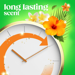 graphic with the text “long lasting scent,” showing a clock with an orange arrow and tropical flowers on a green background