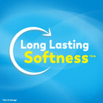 Blue graphic reading “Long Lasting Softness” with a circular arrow on a soft blue gradient background.