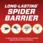 Red graphic reading 'long-lasting spider barrier' with images of various spiders in circles