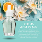 Promotional graphic with a close-up of the fragrance oil bottle and lotus flowers over a teal background labeled 'Lotus and Pearl'