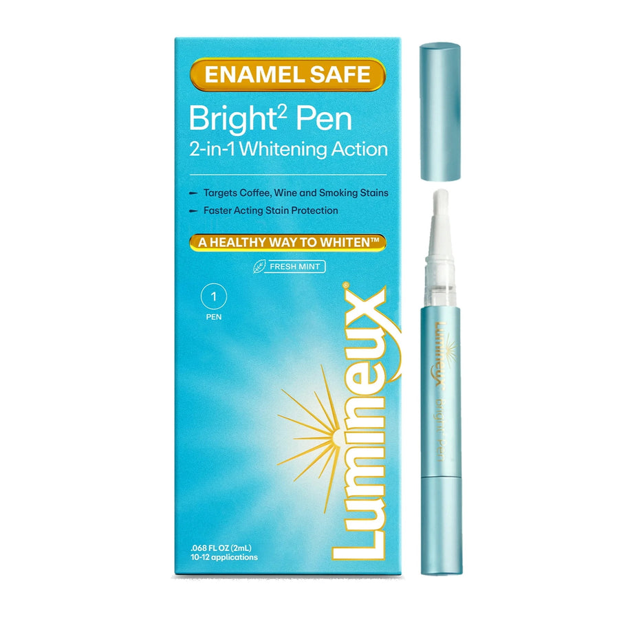 Light blue Lumineux Bright² whitening pen beside its matching product box showing enamel-safe branding
