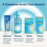 Product lineup showing Lumineux toothpaste, mouthwash, whitening strips and bright pen with short benefit descriptions below.