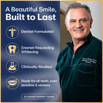 Portrait of a dentist with icons listing benefits like dentist-formulated, enamel-respecting whitening