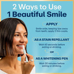 Woman applying a Lumineux whitening pen with on-image instructions explaining two ways to use the product