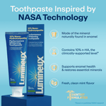 Lumineux toothpaste tube and box on a pedestal with text calling the formula inspired by NASA technology and four product benefit icons.
