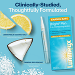 Flat-lay of Lumineux Bright² pen and box alongside lemon, coconut, and sea salt highlighting ingredients