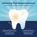 Illustrated tooth diagram showing stain removal on one side and product benefits like mineral-rich sea salt