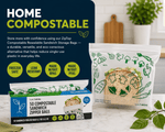 Lifestyle kitchen scene showing a Lunchskins box and a resealable compostable sandwich bag with green vegetable icons on a countertop.
