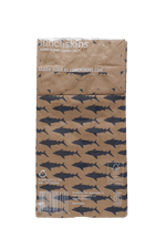 Folded brown kraft Lunchskins bag showing repeating shark pattern and brand text with recycling icons