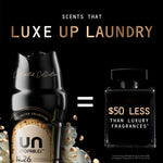 Promotional graphic reading scents that luxe up laundry with Unstopables bottle image and equal sign to a perfume bottle
