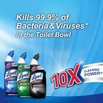 Blue background graphic showing three Lysol toilet bowl cleaners and text claiming it kills 99.9% of bacteria and viruses with 10X cleaning power