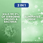 Graphic split panel reading 'Kills 99.9% of airborne viruses & bacteria' and 'Eliminates odor' on green background