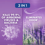 Split graphic showing Lysol claim of killing 99.9% of airborne viruses and lavender field imagery
