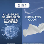 Informational split-panel graphic stating "2 in 1" kills 99.9% of airborne viruses & bacteria and eliminates odor.