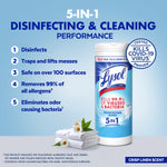 Informational graphic highlighting '5-in-1 disinfecting & cleaning' with a Lysol wipes canister and feature list
