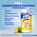 Lysol 5-in-1 disinfecting wipes packaging with lemon and lime artwork and bullet list of cleaning benefits