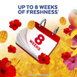 Graphic with a flip calendar reading '8 weeks' surrounded by hibiscus flowers and mango slices and freshness claim