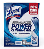 Front-facing Lysol Advanced Power clinging gel toilet bowl cleaner boxed 4-pack with blue branding