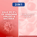 Graphic split panel stating kills 99.9% of airborne viruses & bacteria and eliminates odor with apple imagery