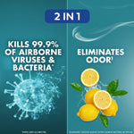Informational split graphic showing 'Kills 99.9% of airborne viruses & bacteria' and 'Eliminates Odor' with lemon imagery.