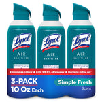 Three Lysol Air Sanitizer cans in teal packaging shown as a 3-pack with a Simple Fresh scent banner and product callouts