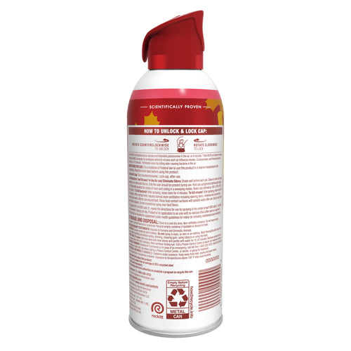 Rear view of Lysol Air Sanitizer can showing usage instructions, warnings and recycling symbols