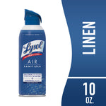 Blue Lysol Air Sanitizer aerosol can with white linen scent label against white and blue background.