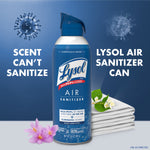 Lysol Air Sanitizer can with flowers and folded linens beside it and text promoting sanitizing capability.